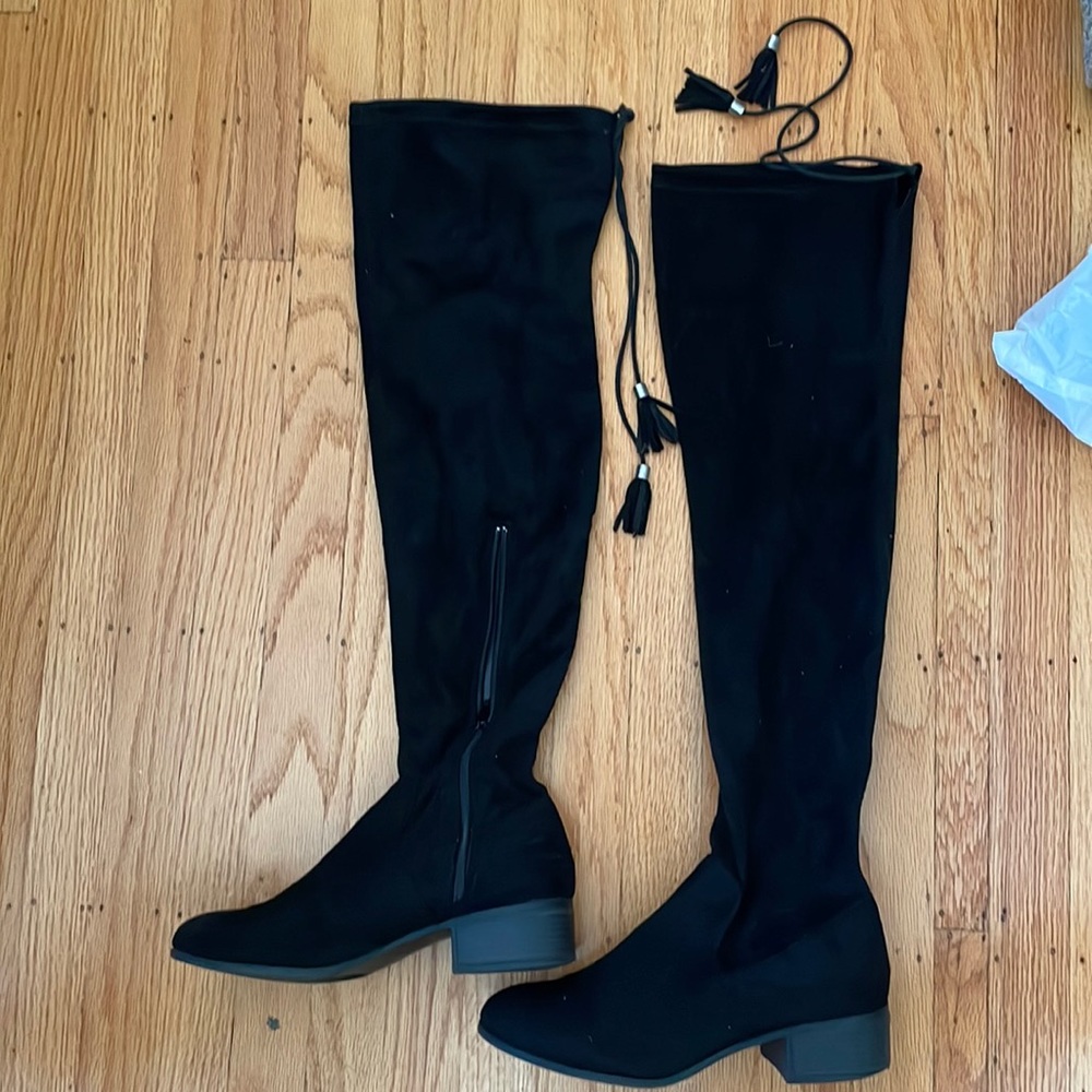 Black suede over the knee high boots with baby heel